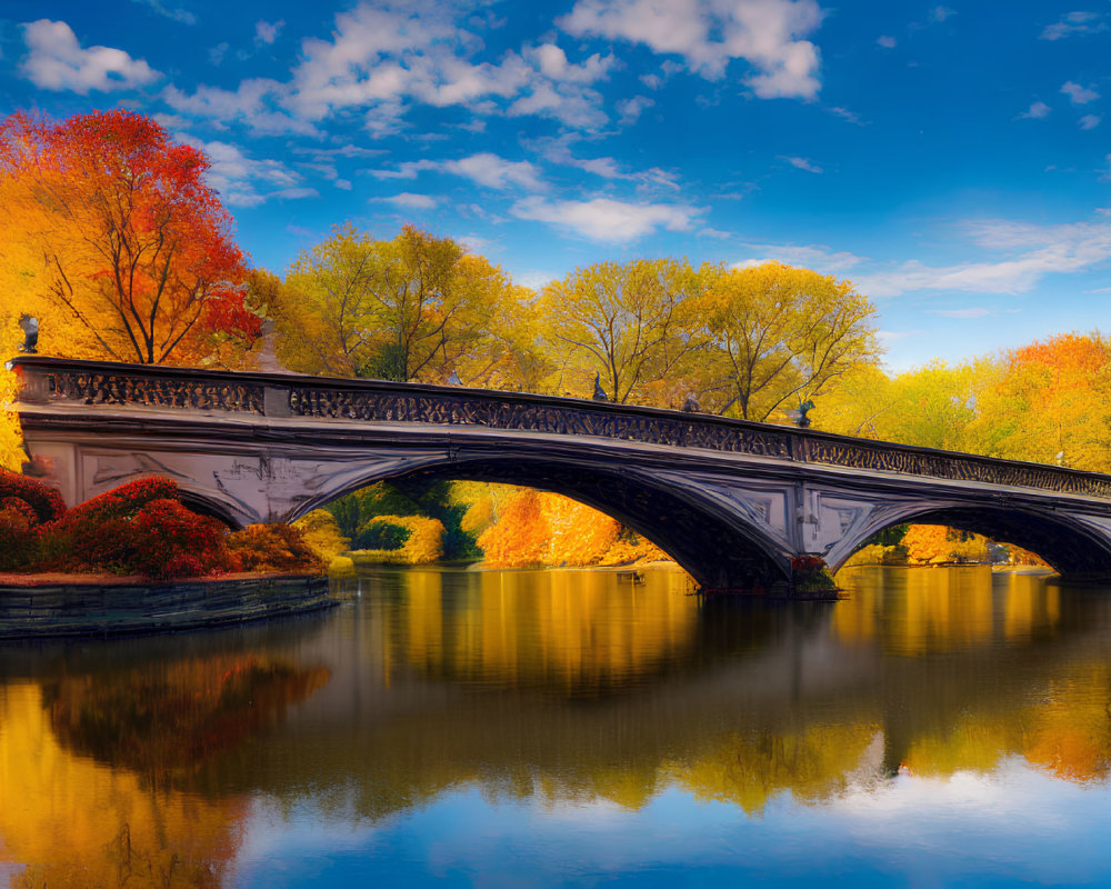 Ornate bridge over tranquil river with autumn foliage and clear blue sky