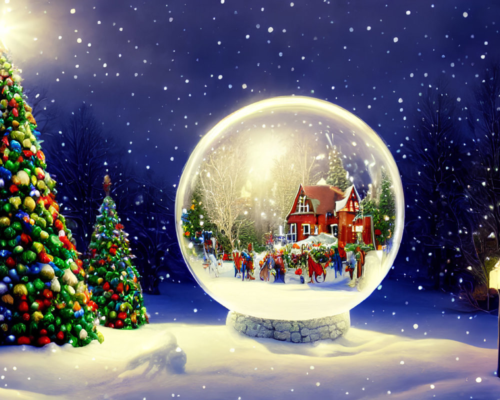 Festive snow globe scene with Christmas village and falling snow