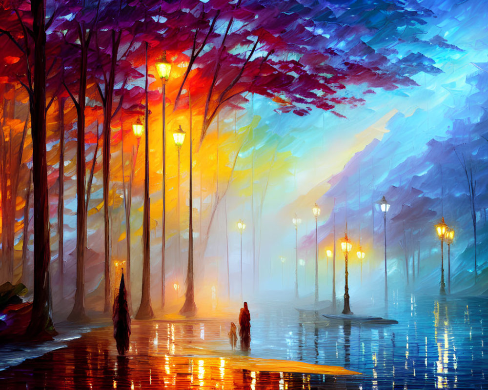 Vibrant impressionistic painting of a dusk park with autumn trees and glowing street lamps
