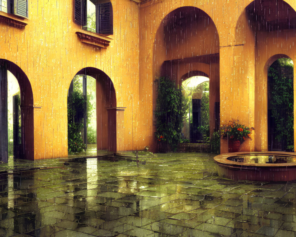 Serene courtyard with orange walls, arches, green plants, and a central fountain in the rain