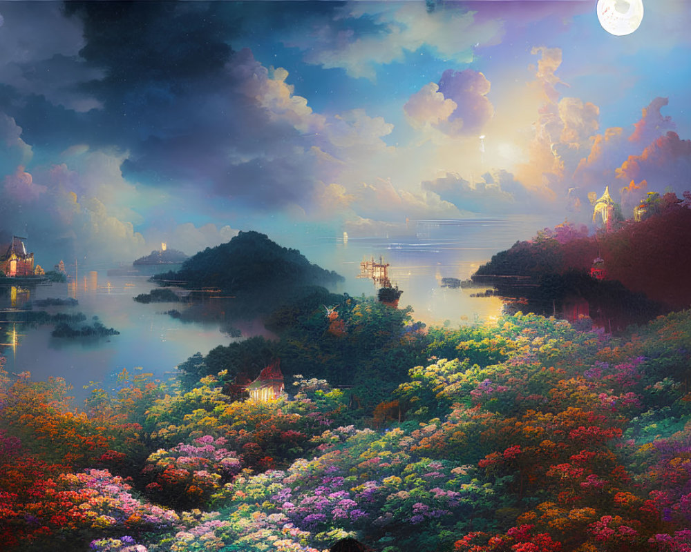 Fantasy landscape at dusk: vibrant flowers, serene lake, sailing ships, distant castles under moon