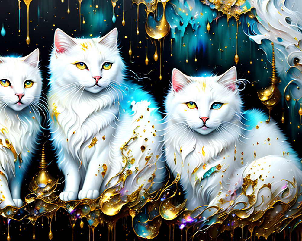 Stylized white cats with surreal blue eyes in vibrant gold and blue backdrop