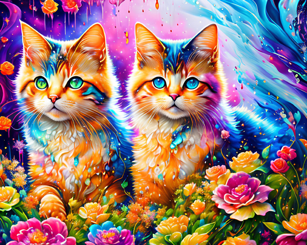 Colorful Digital Artwork: Whimsical Cats in Cosmic Floral Scene