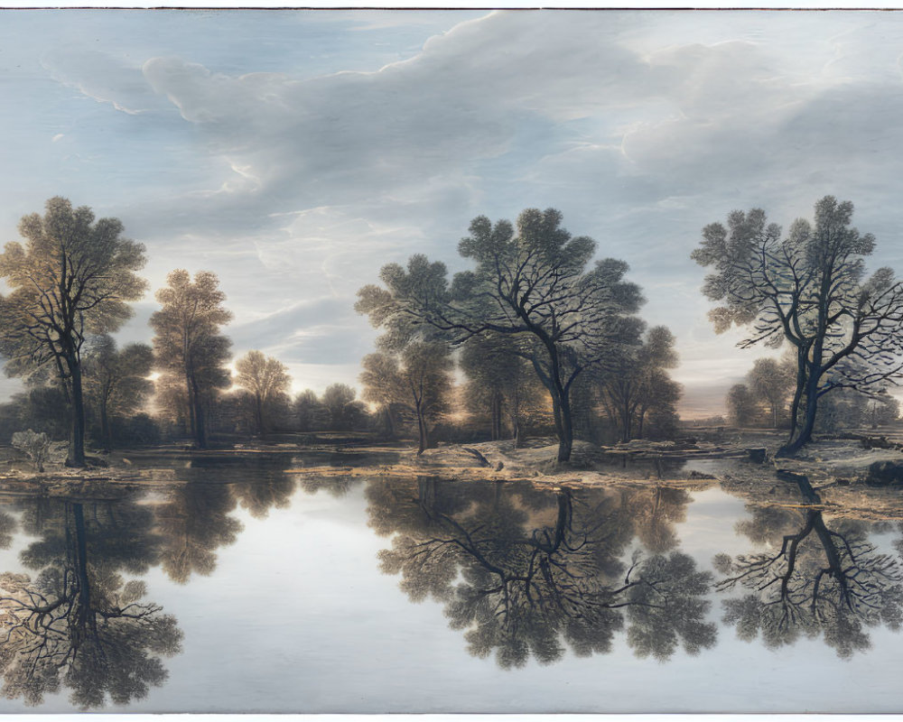 Tranquil landscape: tall trees reflected in still water at dawn or dusk