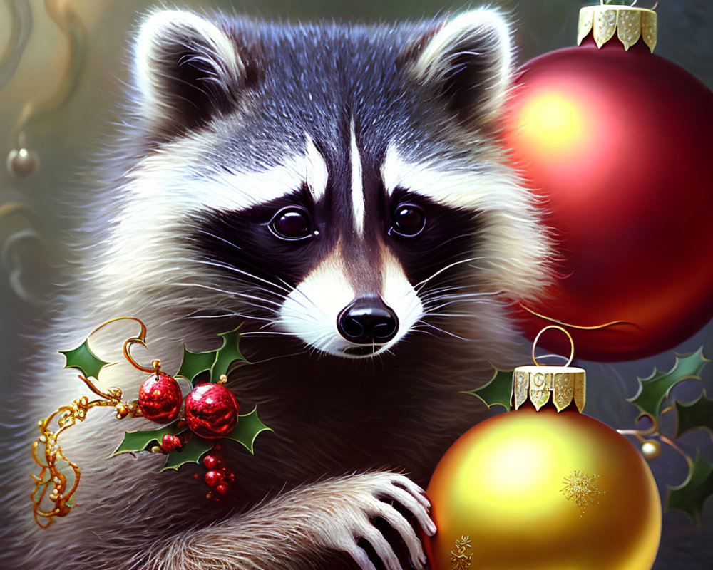 Detailed raccoon holding gold Christmas ornament with festive background