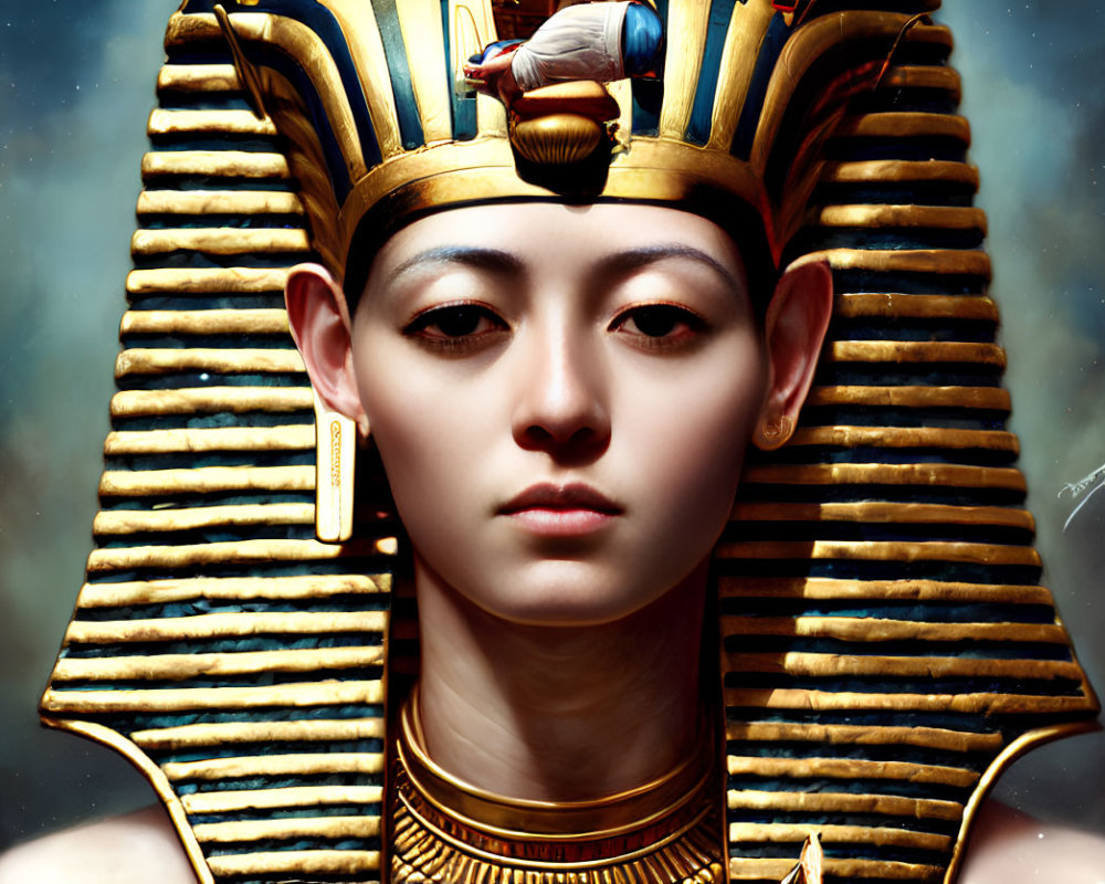 Detailed digital artwork of person in Egyptian pharaoh headdress against blue sky.