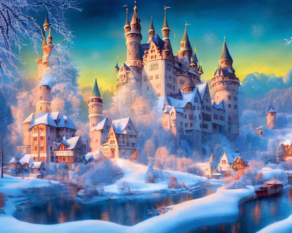 Majestic castle in snow-covered winter scene