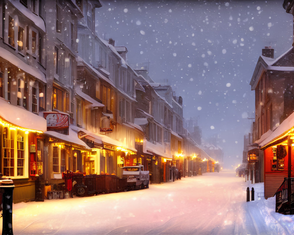 Snowy Dusk Street Scene with Illuminated Storefronts and Falling Snowflakes