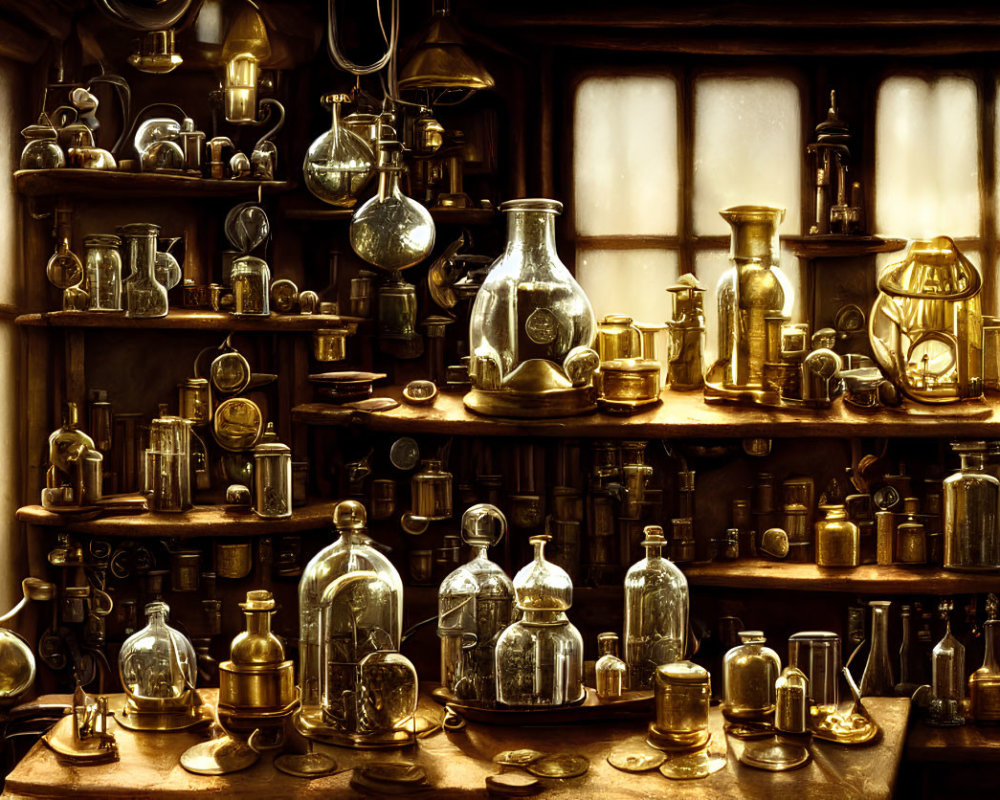 Vintage Apothecary with Glass Bottles and Lanterns