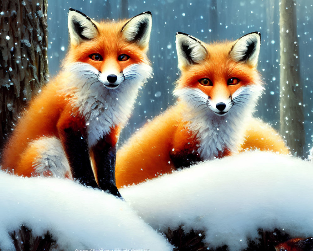 Vividly Colored Foxes in Snowy Forest with Falling Snowflakes