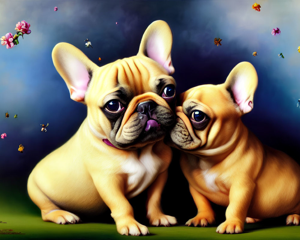 Two French Bulldogs Sitting Together in Colorful Setting
