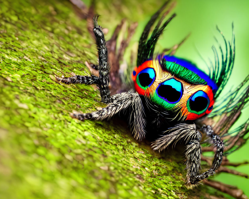 Vibrant peacock spider with blue, red, and black patterns on mossy branch