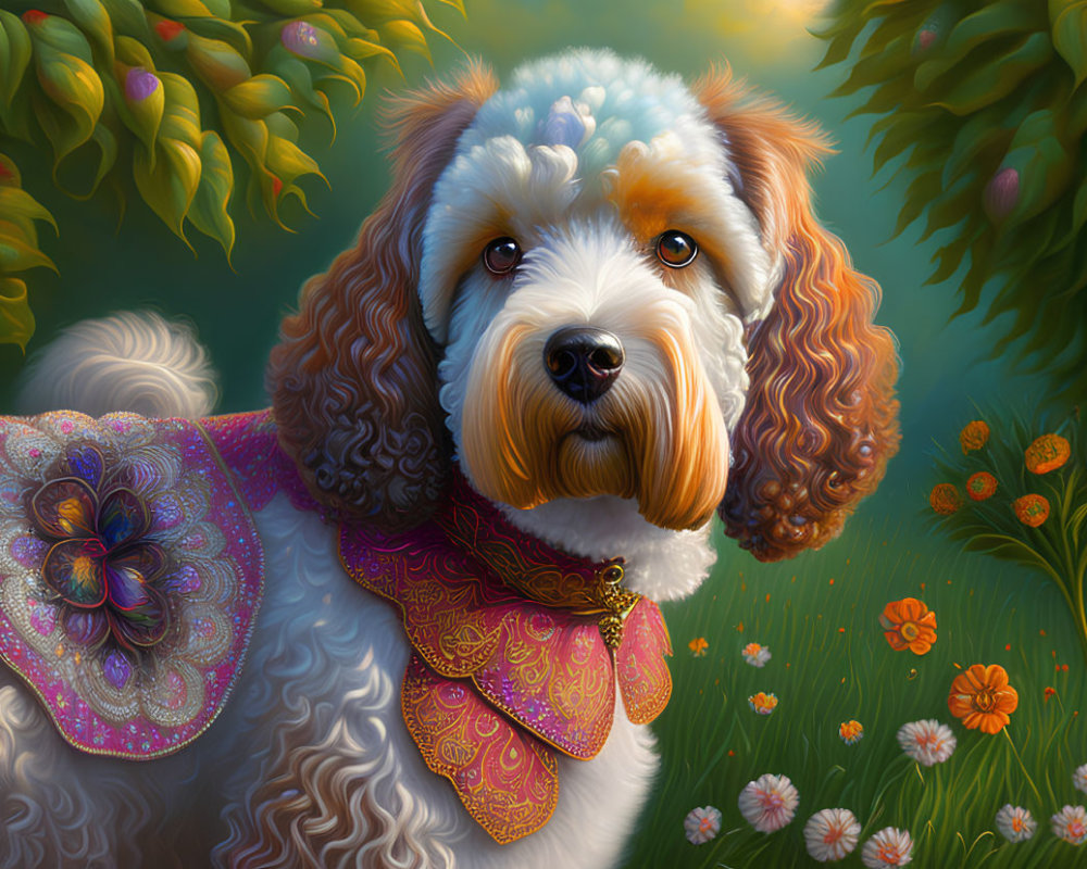 Illustrated dog with expressive eyes in decorative cape among greenery