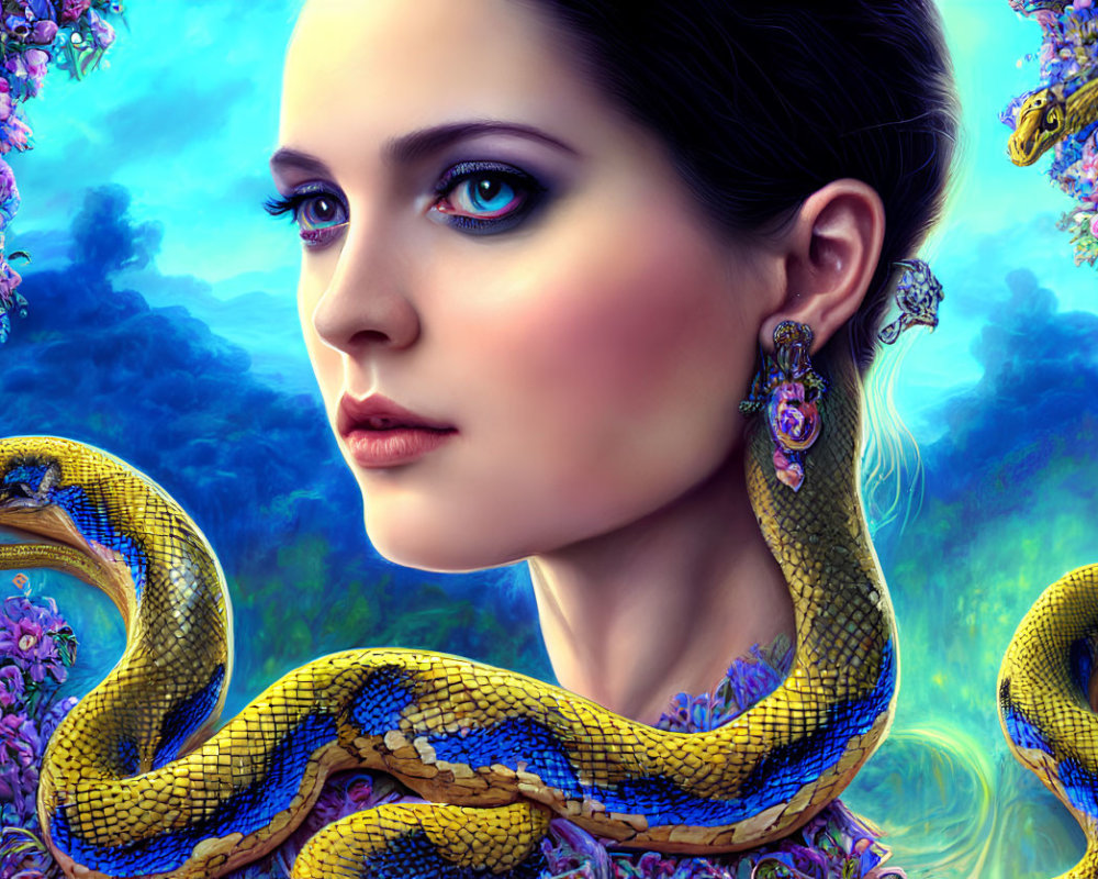 Digital Artwork: Woman with Blue Eyes, Snakes, and Purple Flowers