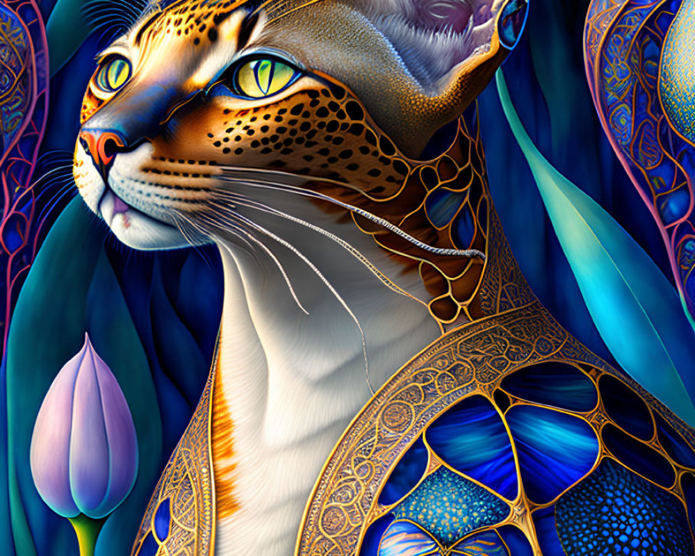 Colorful Stylized Cat Artwork with Gold Accents on Floral Background