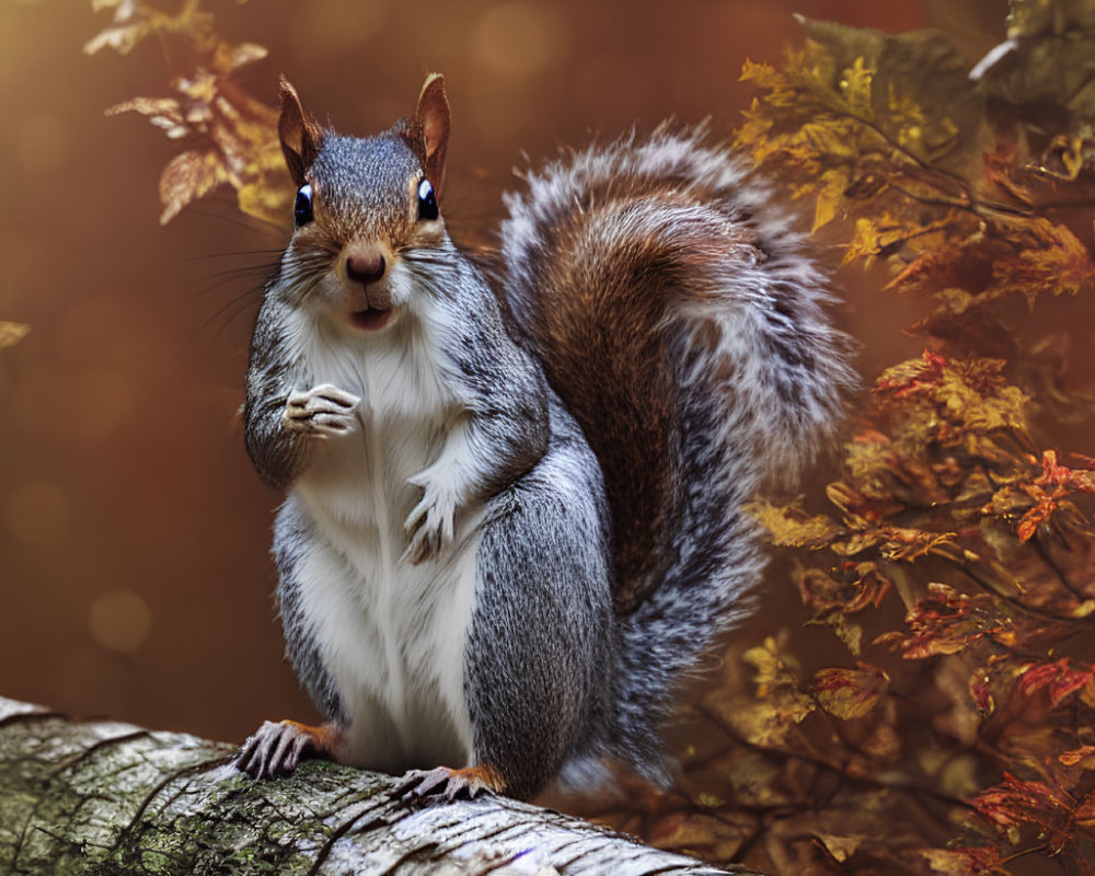 Squirrel on tree branch surrounded by autumn leaves