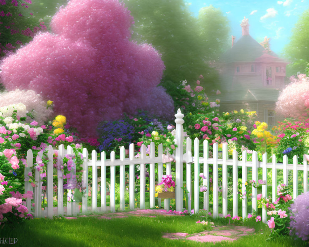 Lush flower garden with white picket fence and whimsical house in sunlit setting