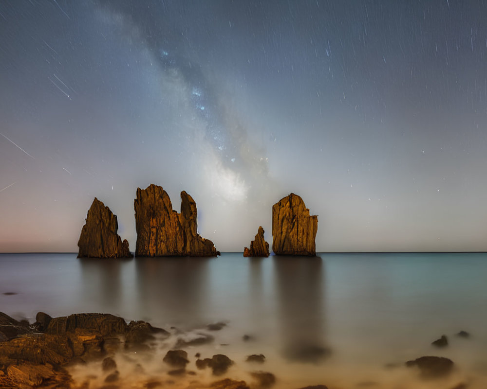 Starry night seascape with Milky Way and rock formations in calm ocean