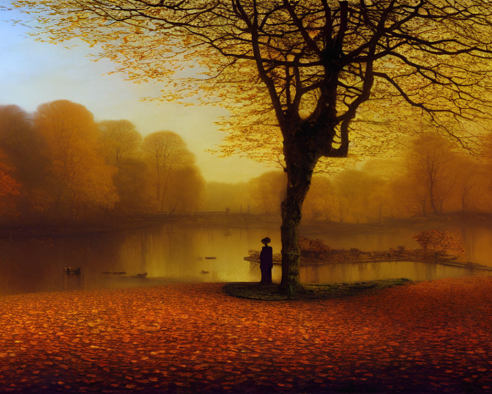 Tranquil autumn landscape with person by tree and lake
