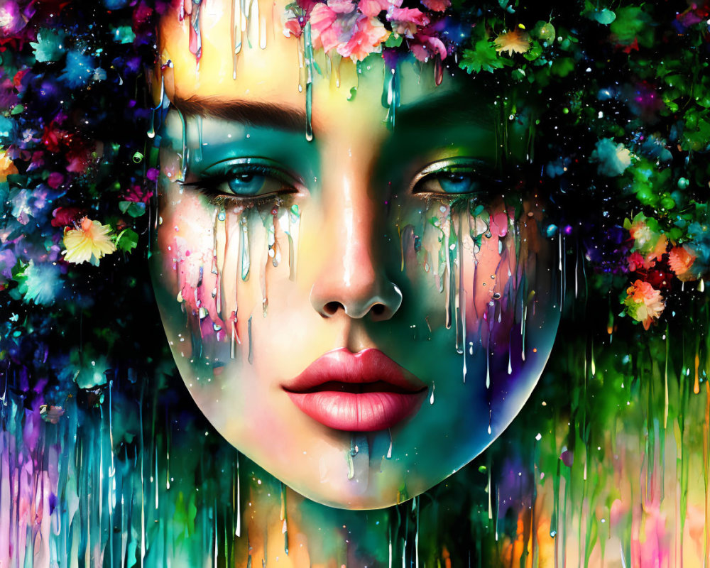 Colorful digital artwork: Woman's face with flowers and paint tears