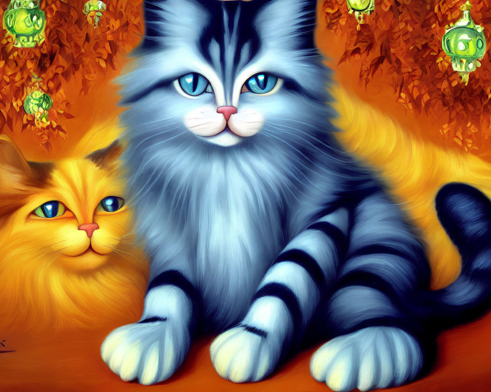 Illustrated orange and grey-striped cats in vibrant autumn setting