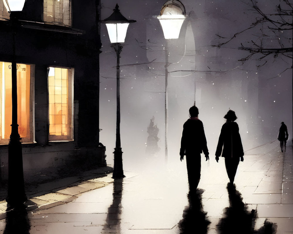Couple walking on foggy, lamp-lit street at night with warm window glow.