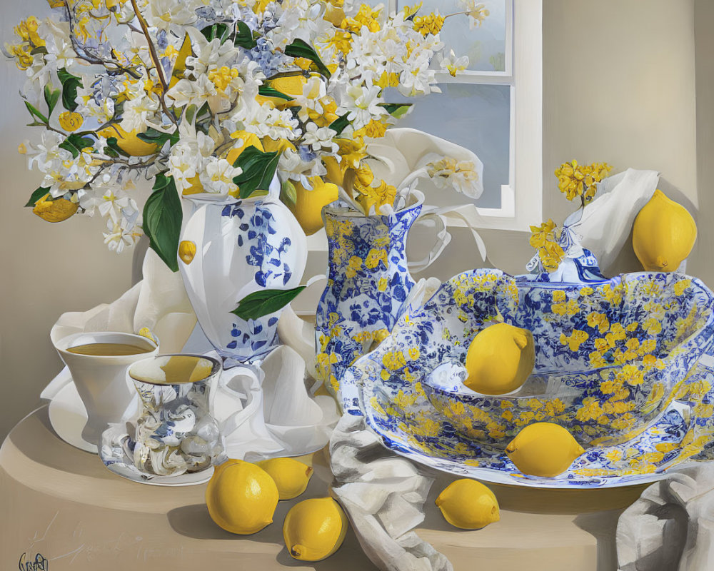 Blue and White Porcelain Tea Set with Lemons and Flowers on Draped Table