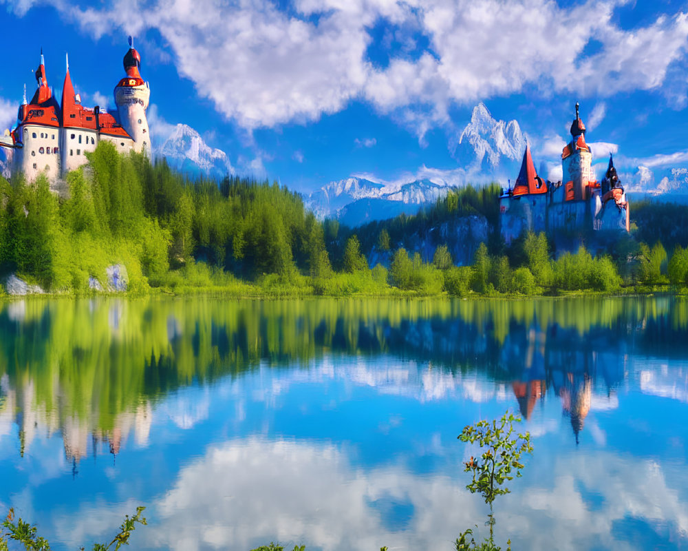Castle with Red Roofs by Lake, Snowy Mountains Skyline