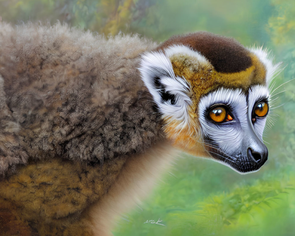 Detailed hyper-realistic lemur digital artwork with vivid orange eyes and fur textures in forest setting