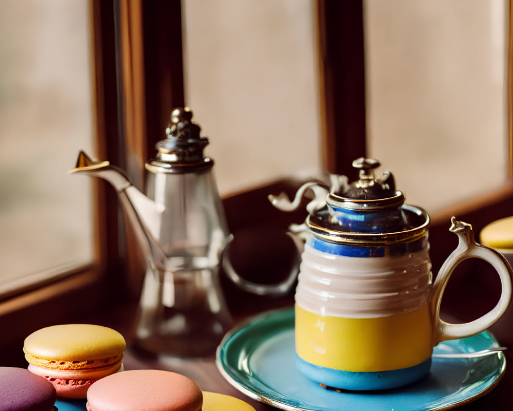Vintage and Silver Teapots with Colorful Macarons on Window Sill