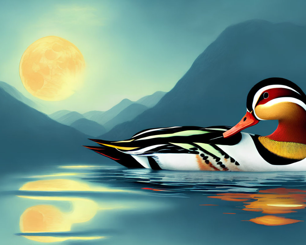 Colorful Wood Duck Swimming in Calm Waters with Moonrise and Misty Mountains