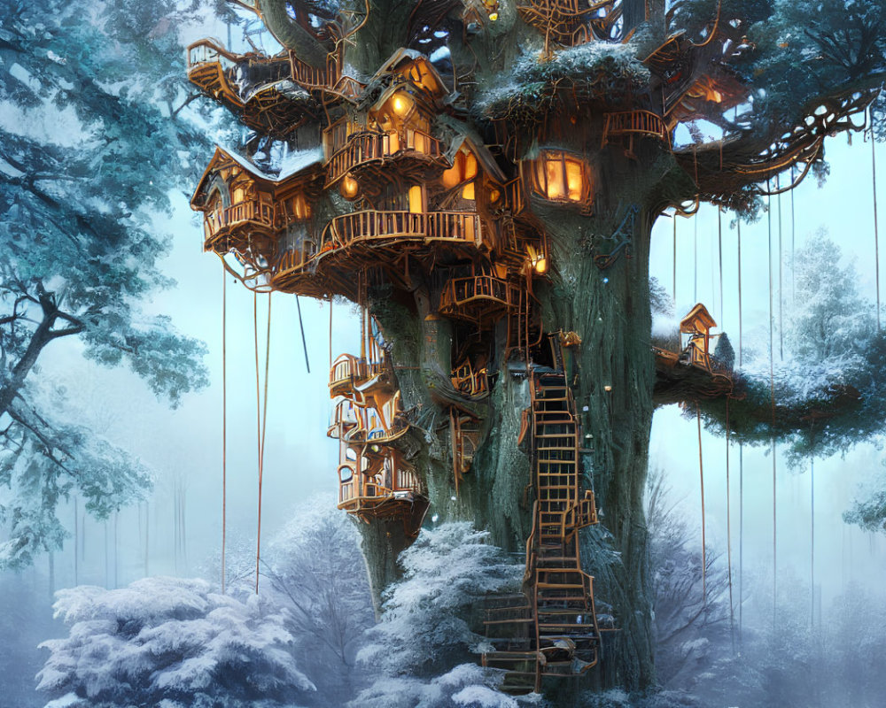 Snowy forest treehouse with multiple levels and suspended walkways