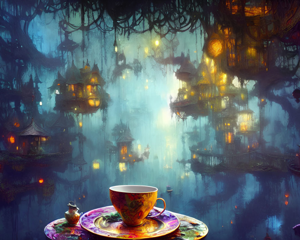 Mystical lantern-lit treehouses reflected in water with ornate teacup