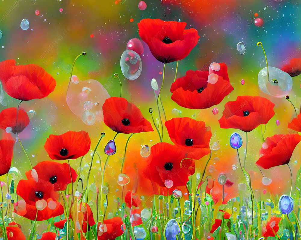 Colorful Galaxy-Inspired Backdrop with Vibrant Red Poppies and Floating Bubbles