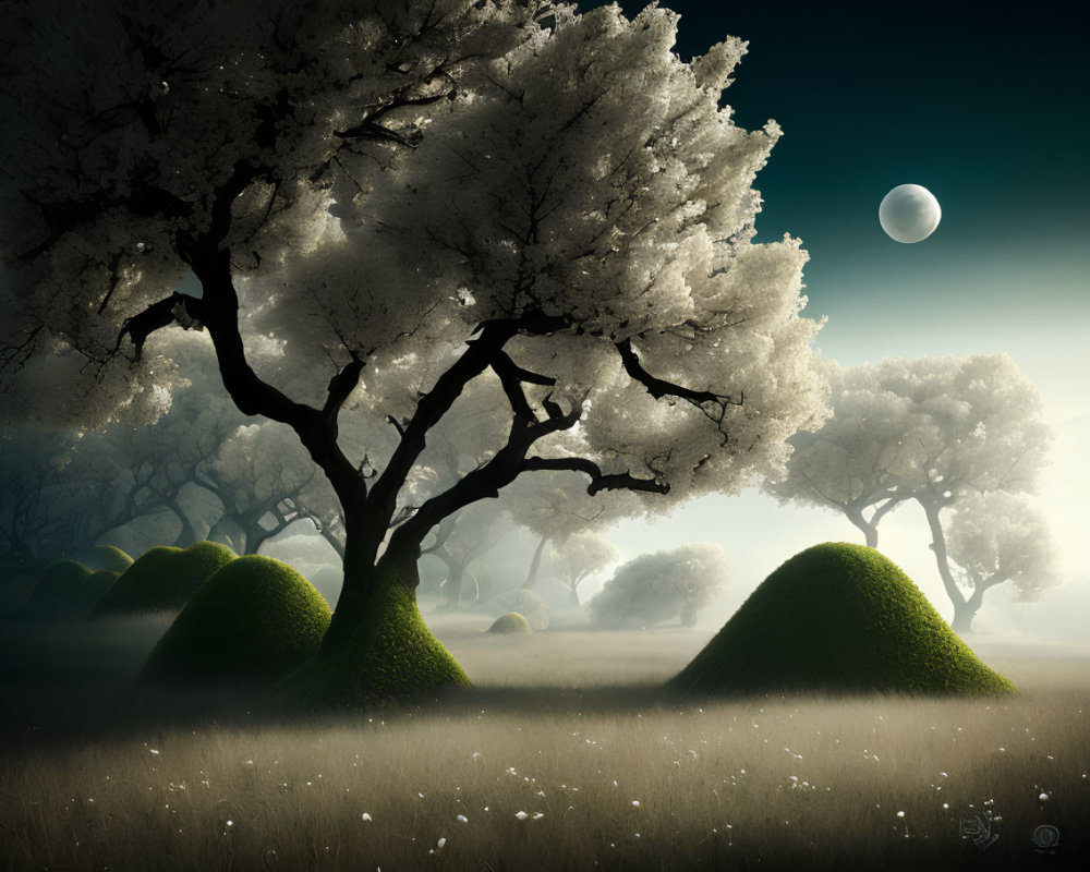 Full Moon Over Mystical Flowering Forest and Lush Hills
