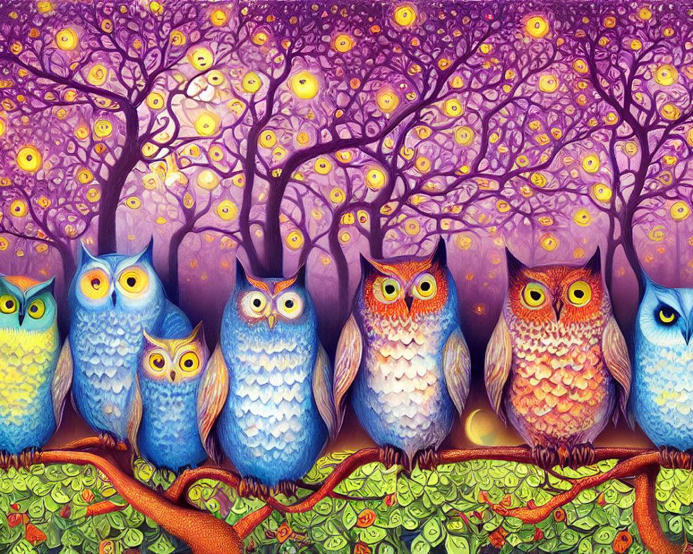Vibrant owl illustration on branch with purple trees