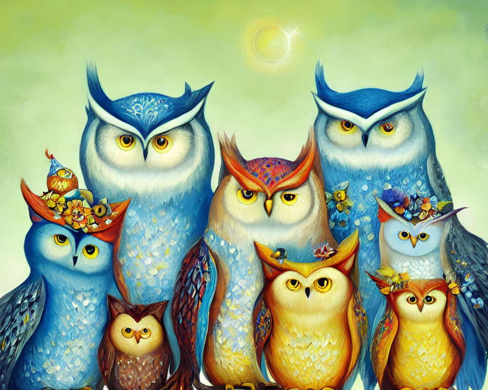 Seven Colorful Stylized Owls on Dreamy Yellow-Green Background