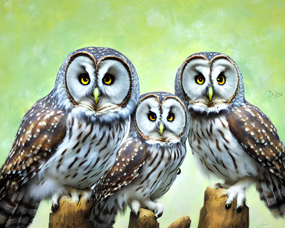 Realistic illustrated owls with yellow eyes on green textured background