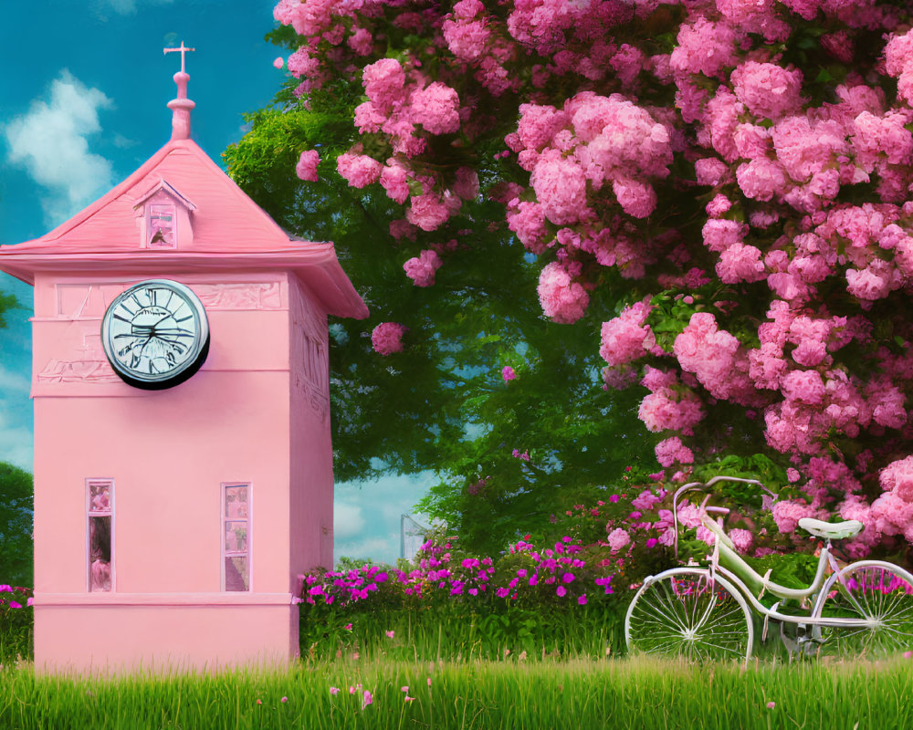 Pink clock tower, cherry blossoms, white bicycle, and lush greenery in serene setting