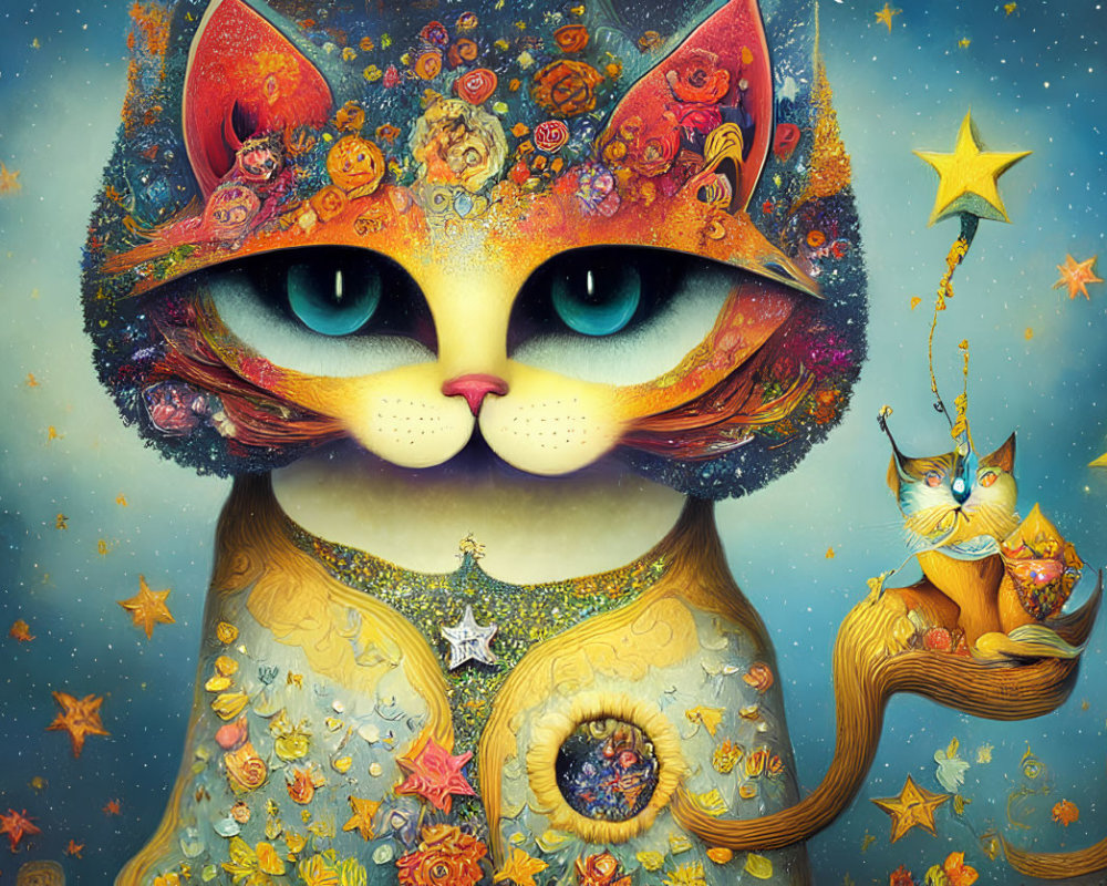 Colorful Cosmic Cat Artwork with Floral Pattern and Stars