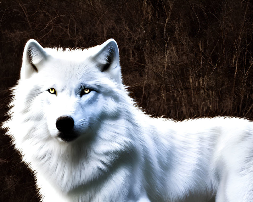 Majestic white wolf with piercing yellow eyes in natural setting