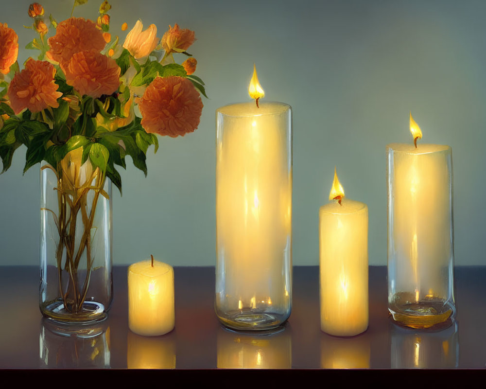 Orange Flowers in Vase with Candles in Glass Cylinders