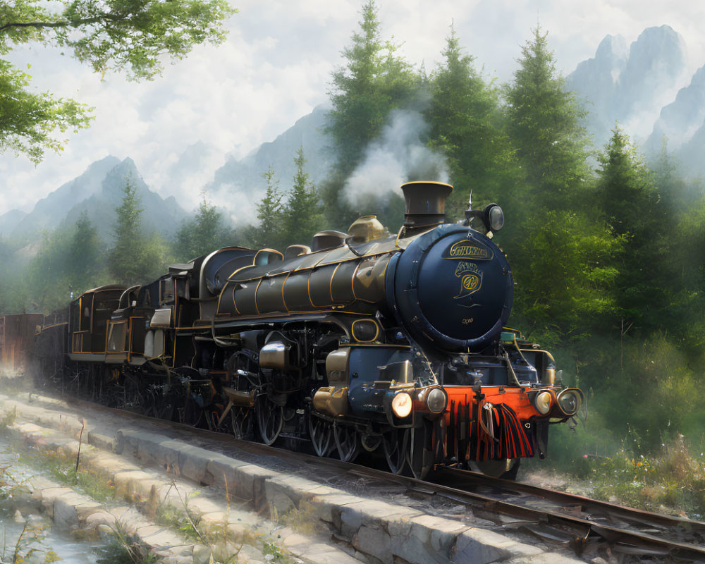 Vintage Black Steam Locomotive with Golden Trim on Tracks in Forest Landscape