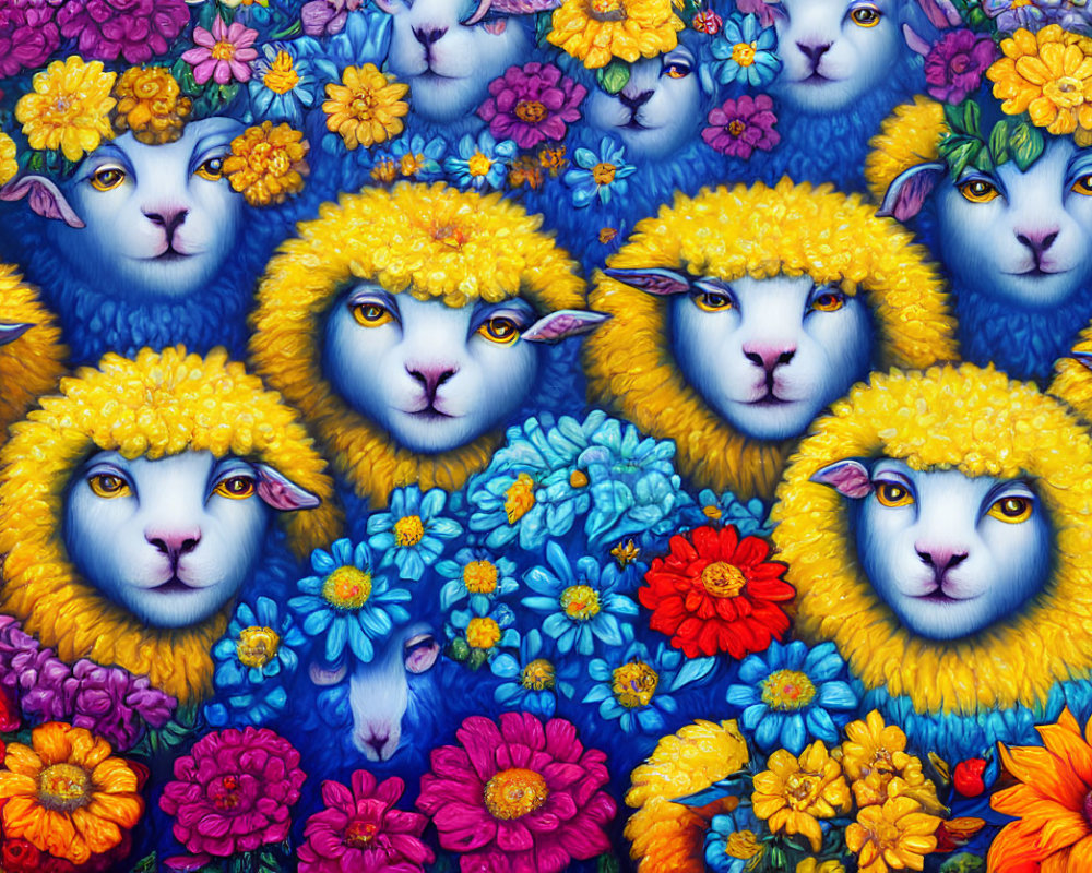 Colorful Whimsical Blue Sheep Illustration with Floral Background