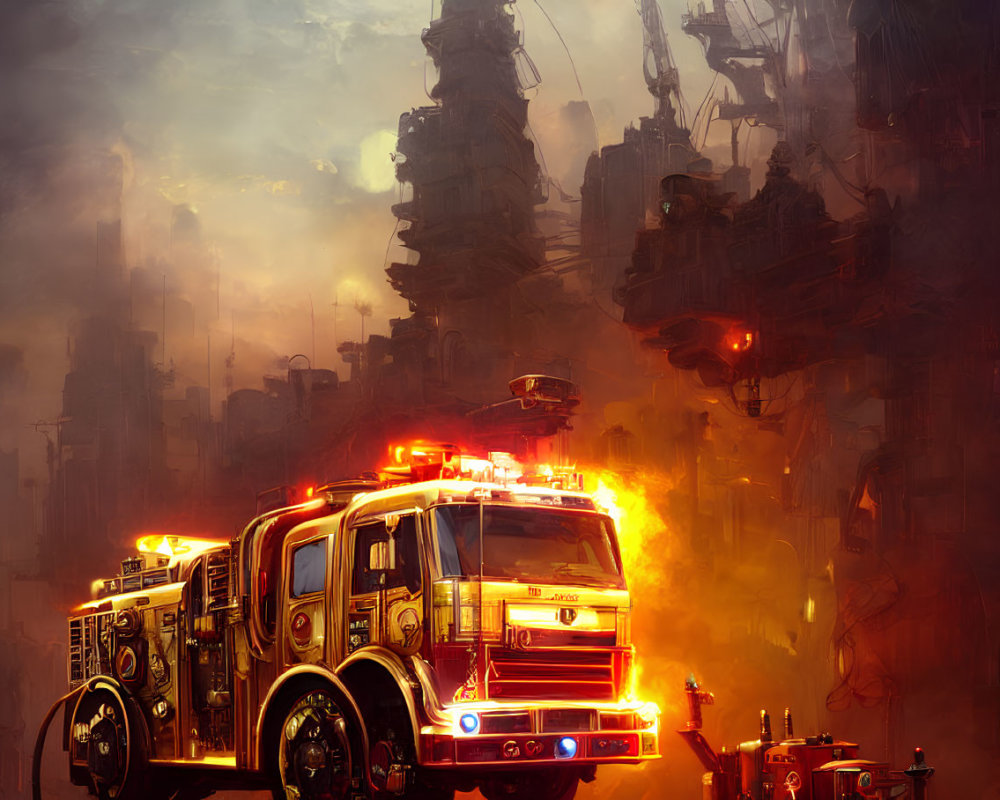 Flashing lights on fire truck in futuristic, dystopian city