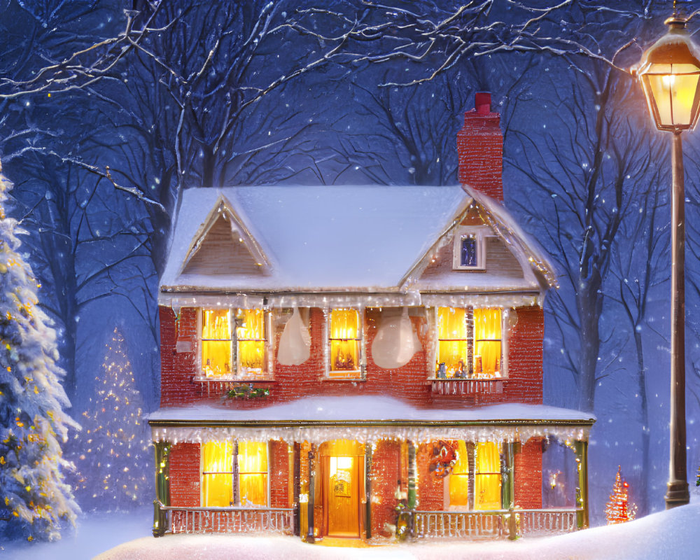 Festive two-story house with Christmas decorations in snowy evening