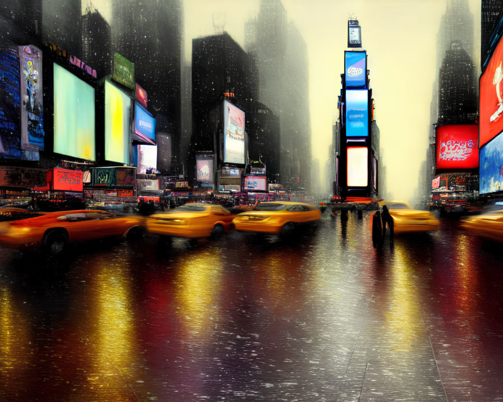 Busy Times Square at night with yellow taxis in motion blur under city lights and rain reflections.