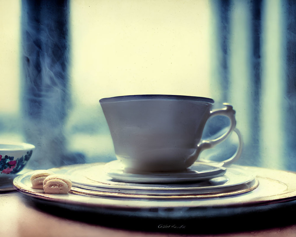 Vintage-style image of steamy cup of tea, saucer, biscuit, and curtains.