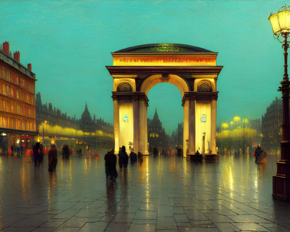 City evening scene with illuminated archway, bustling crowd, wet ground, and vintage street lamps.