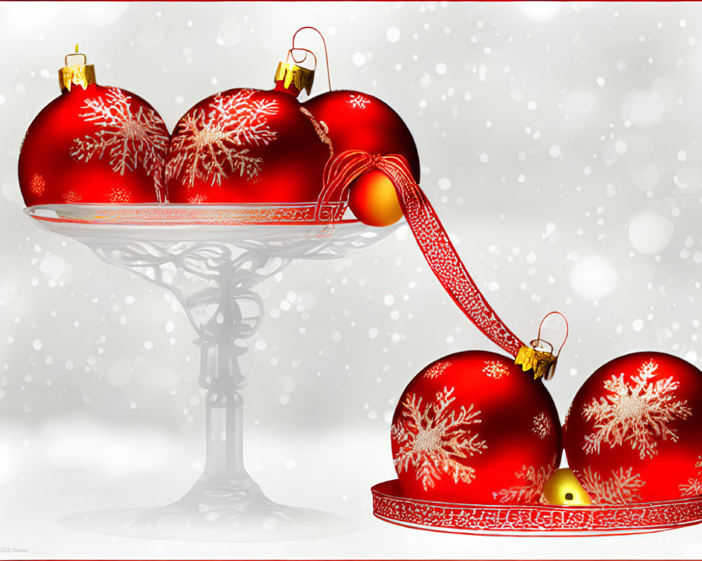 Red Christmas Baubles with Snowflake Designs on Glass Stand in Snowy Setting